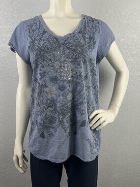 RXB Blue Floral V-Neck Short Sleeve Tee with Rhinestones & Brads - Size XXL